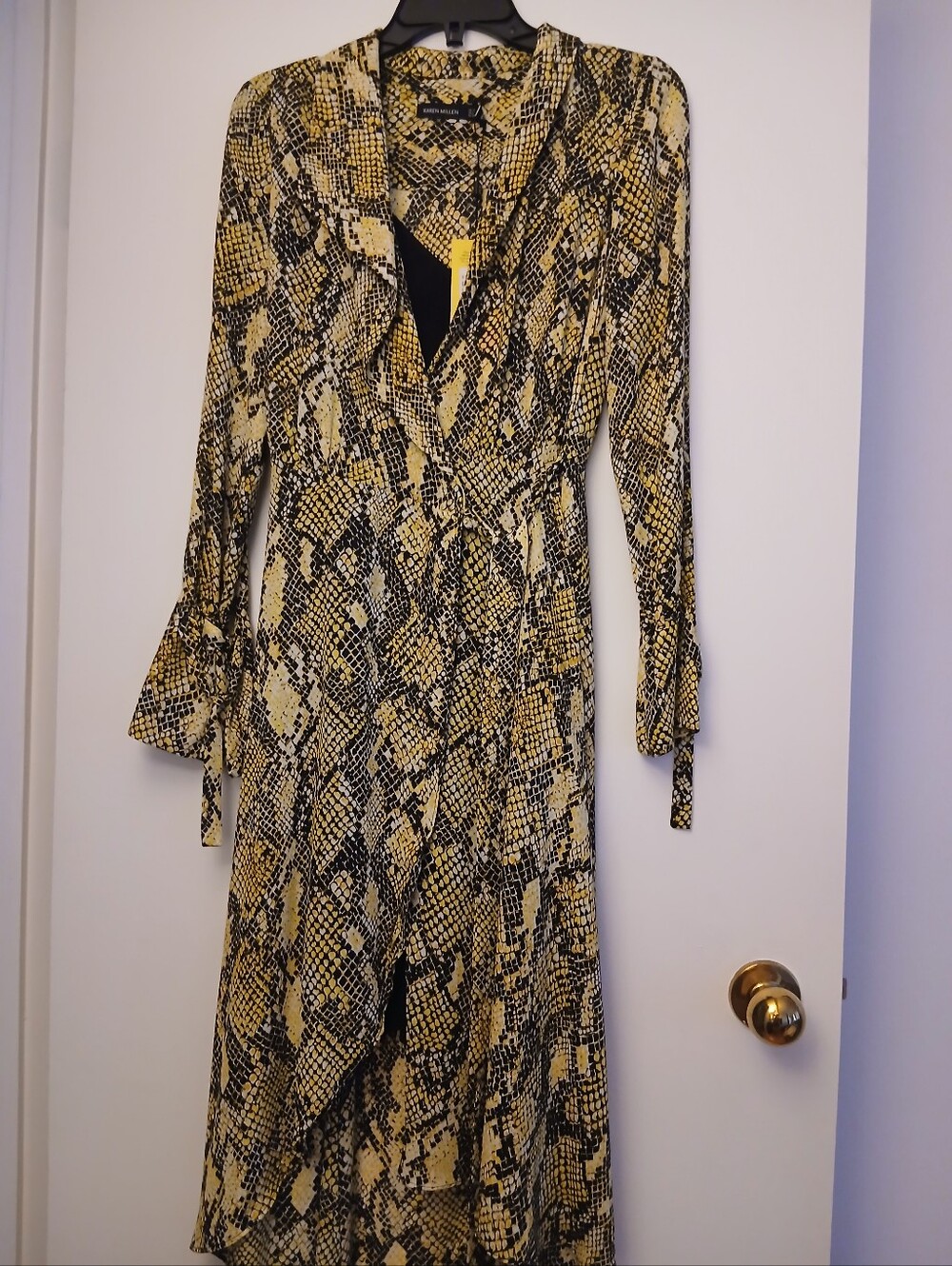 Karen Millen Yellow and Black Snake-Print Wrap Dress w/ black slip and g/bag.S 6